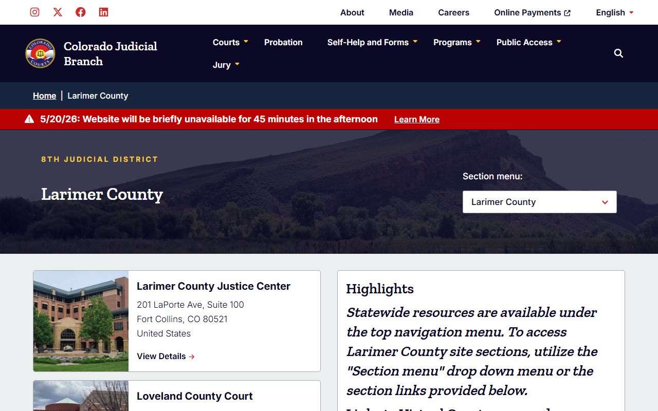 Colorado Judicial Branch Larimer County trial-court page with Justice Center and Loveland County Court details