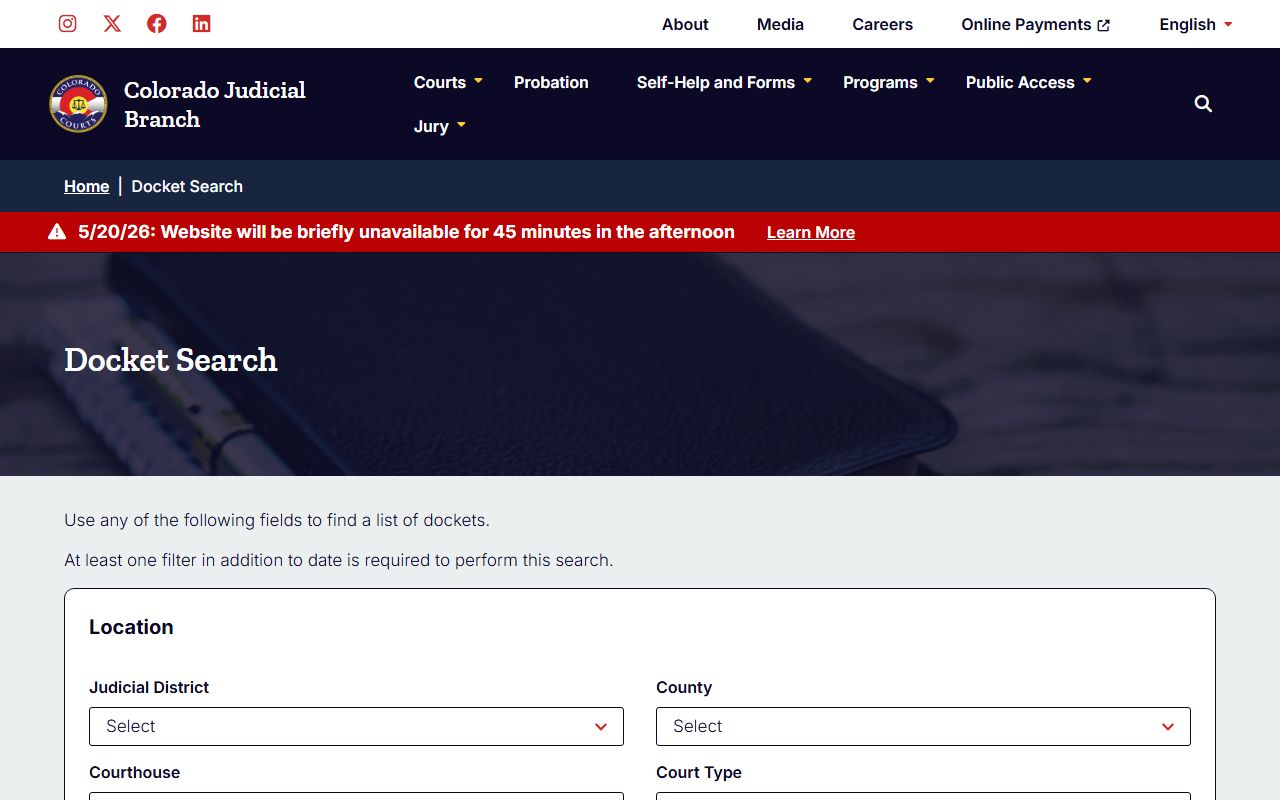 Colorado Judicial Branch docket search used for Larimer County court dockets