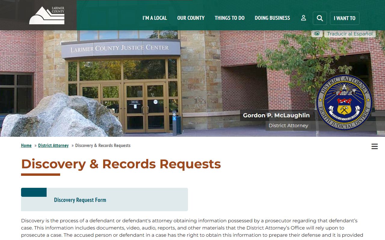 Larimer County District Attorney discovery and records request page