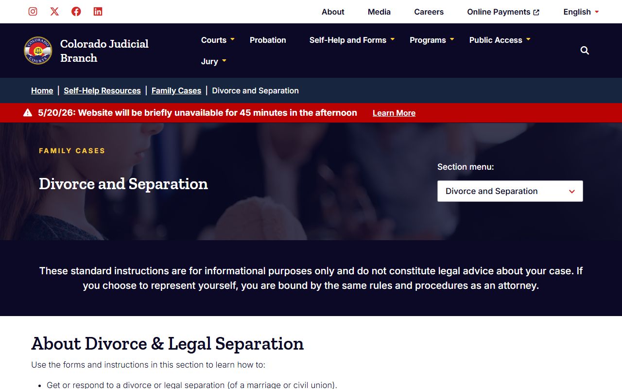 Colorado Judicial Branch divorce and legal separation self-help page used in Larimer County