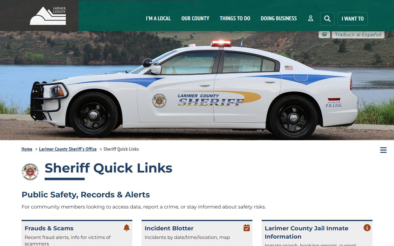 Larimer County Sheriff quick-links page with released inmates and booking data