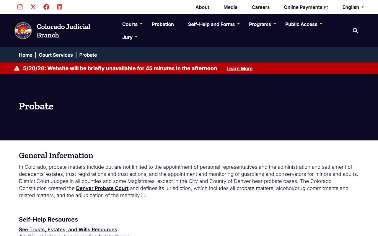 Colorado Judicial Branch probate overview page used for Larimer County probate filings