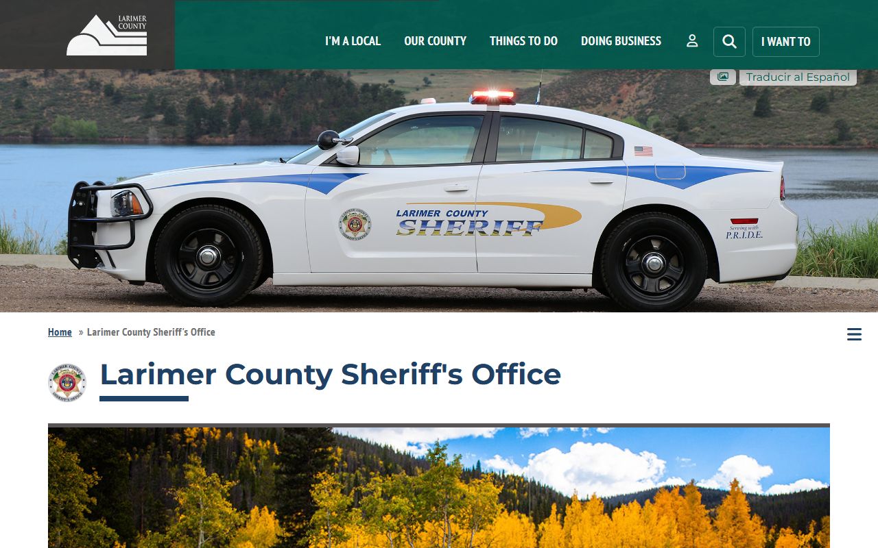 Larimer County Sheriff homepage with jail and warrant quick links