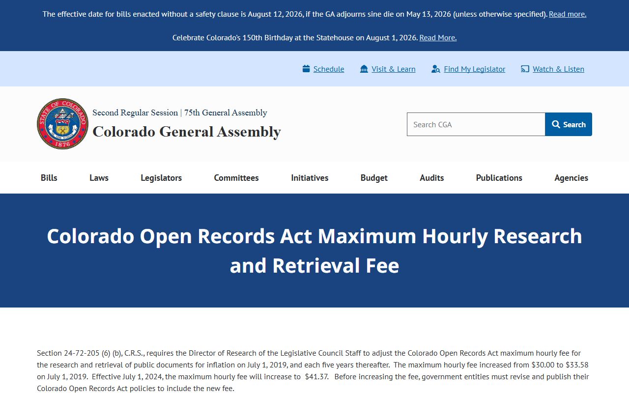 Colorado General Assembly CORA hourly fee update for Larimer County warrant records requests
